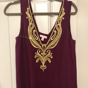 Lilly Pulitzer maroon and gold sparkle holiday top